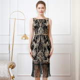 Retro  Bead Embroidered Sequins Deep V Low Back Evening Dress Sleeveless Tassel Party Dress