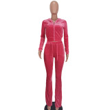 Women's Solid Velvet Casual Zipper Hoodies Wide Leg Pants Two Piece Set