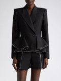 Autumn Chic Career Style Double Breasted Patchwork Ruffle Slim Waist Slim Fit Short Blazer