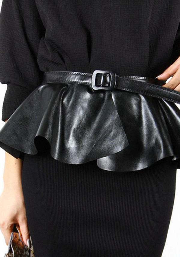 Women's Decorated Ruffled Black Leather Skirt Belt