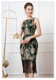 Retro  Bead Embroidered Sequins Deep V Low Back Evening Dress Sleeveless Tassel Party Dress