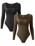 Sexy Slim Rib Tight Fitting Square Neck Long Sleeve Bodysuit For Women
