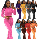 Women's Solid Velvet Casual Zipper Hoodies Wide Leg Pants Two Piece Set