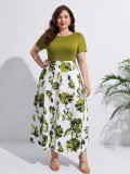 Color Block Print Short Sleeve A Line Plus Size Women's Dress