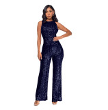 Sleeveless Sequin Round Neck Slim Fit Women's Jumpsuit