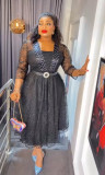 African Clothing Plus Size Women's Lace Patchwork Beaded A-Line High Waist Dress With Belt