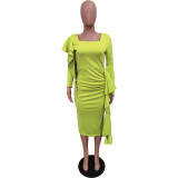 Womens Solid Square Neck Ruched Long Sleeve Dress