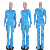 Women's Solid Velvet Casual Zipper Hoodies Wide Leg Pants Two Piece Set
