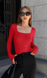 Sexy Slim Rib Tight Fitting Square Neck Long Sleeve Bodysuit For Women