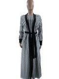 Muslim Houndstooth Long Sleeve Jacket Fashion Dress Two Piece Set