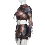 Fringed Ripped Long Sleeve Round Neck Top Sexy Shorts Set