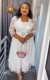 African Clothing Plus Size Women's Lace Patchwork Beaded A-Line High Waist Dress With Belt