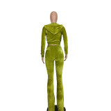 Women's Solid Velvet Casual Zipper Hoodies Wide Leg Pants Two Piece Set