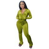 Women's Solid Velvet Casual Zipper Hoodies Wide Leg Pants Two Piece Set