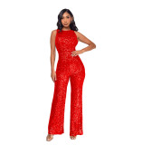Sleeveless Sequin Round Neck Slim Fit Women's Jumpsuit