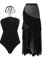 Two-Piece Swimsuit Solid Color Transparent Mesh Skirt Halter Neck One Piece Swimwear Two-Piece Swimsuit Solid Color Transparent Mesh Skirt Halter Neck One Piece Swimwear