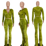 Women's Solid Velvet Casual Zipper Hoodies Wide Leg Pants Two Piece Set