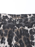 Autumn American Retro Leopard Print High Waisted Slim Fit Straight Jeans Ripped Denim Pants