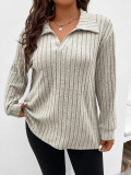 Autumn And Winter Solid Color Plus Size Women's Top V-Neck Turndown Collar Long-Sleeved Ribbed T-Shirt