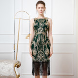 Retro  Bead Embroidered Sequins Deep V Low Back Evening Dress Sleeveless Tassel Party Dress