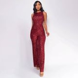 Sleeveless Sequin Round Neck Slim Fit Women's Jumpsuit