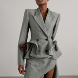 Autumn Chic Career Style Double Breasted Patchwork Ruffle Slim Waist Slim Fit Short Blazer