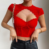 Women Round Neck Lace Diamond Sexy Hollow Steel Ring Fishbone Crop Top