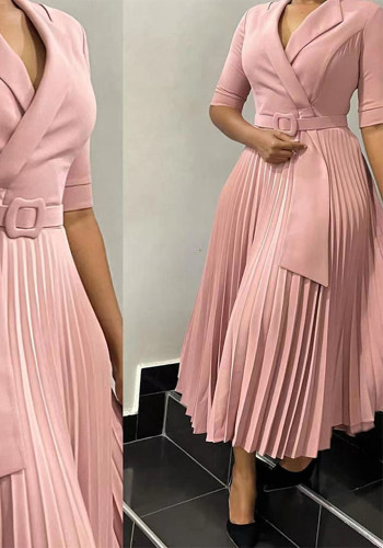Women Turndown Collar Pleated Solid Dress