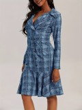 Plus Size Women Turndown Collar Double Breasted Plaid Print Career Dress