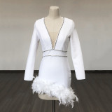 Women French V Neck Patchwork Diamond Long Sleeve Feather Bandage Dress