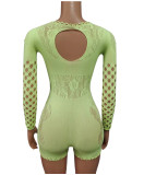 Women Sexy Mesh See-Through Hollow Round Neck Long Sleeve Romper
