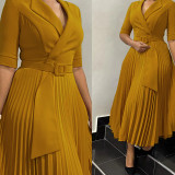 Women Turndown Collar Pleated Solid Dress
