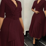 Women Turndown Collar Pleated Solid Dress