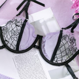 Women Embroidered Mesh Patchwork Butterfly Sexy See-Through Three-Piece Sexy Lingerie