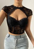 Women Round Neck Lace Diamond Sexy Hollow Steel Ring Fishbone Crop Top