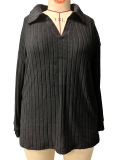 Autumn And Winter Solid Color Plus Size Women's Top V-Neck Turndown Collar Long-Sleeved Ribbed T-Shirt