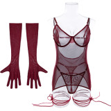 Women mesh sexy Backless See-Through straps and gloves Three-Piece sexy lingerie