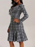 Plus Size Women Turndown Collar Double Breasted Plaid Print Career Dress
