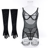 Women mesh sexy Backless See-Through straps and gloves Three-Piece sexy lingerie