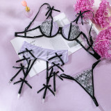 Women Embroidered Mesh Patchwork Butterfly Sexy See-Through Three-Piece Sexy Lingerie