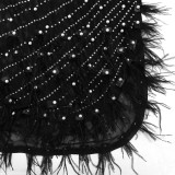 Women Sexy V-Neck Slit Beaded Feather See-Through Long Sleeve Dress