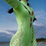 Women Sexy Mesh See-Through Hollow Round Neck Long Sleeve Romper