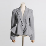 Autumn Chic Career Style Double Breasted Patchwork Ruffle Slim Waist Slim Fit Short Blazer