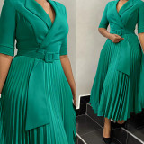 Women Turndown Collar Pleated Solid Dress