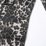 Autumn American Retro Leopard Print High Waisted Slim Fit Straight Jeans Ripped Denim Pants