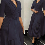 Women Turndown Collar Pleated Solid Dress