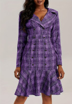 Plus Size Women Turndown Collar Double Breasted Plaid Print Career Dress