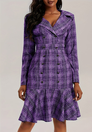 Plus Size Women Turndown Collar Double Breasted Plaid Print Career Dress