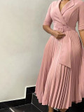 Women Turndown Collar Pleated Solid Dress