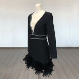 Women French V Neck Patchwork Diamond Long Sleeve Feather Bandage Dress